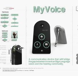 Thanks to a group of University of Houston students, the hearing impaired may soon have an easier time communicating with those who do not understand sign language. During the past semester, students in UH's engineering technology and industrial design programs teamed up to develop the concept and prototype for MyVoice, a device that reads sign language and translates its motions into audible words. Thanks to a group of University of Houston students, the hearing impaired may soon have an easier time communicating with those who do not understand sign language. During the past semester, students in UH's engineering technology and industrial design programs teamed up to develop the concept and prototype for MyVoice, a device that reads sign language and translates its motions into audible words.