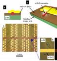 The basic structure of the nanowire devices is based on a sandwich geometry in which a nanowire (n-type zinc oxide) is placed between the substrate (heavily doped p-type silicon) and a top metallic contact, using spin-on glass as an insulating spacer layer to prevent the metal contact from shorting to the substrate (as shown in (a) and (b)). This allows for uniform injection of current along the length of the nanowire. A finished wafer using the team's method is shown in (c), with a typical device shown in (d). Note that a stray nanowire intercepts the device on the upper part of (d). The oval feature surrounding the stray nanowire is due to the varying thickness of the spin-on glass film. When a voltage is applied to this device, it emits ultraviolet light (as shown in image (e) obtained with a CCD camera) with a peak wavelength of ~380 nm. The basic structure of the nanowire devices is based on a sandwich geometry in which a nanowire (n-type zinc oxide) is placed between the substrate (heavily doped p-type silicon) and a top metallic contact, using spin-on glass as an insulating spacer layer to prevent the metal contact from shorting to the substrate (as shown in (a) and (b)). This allows for uniform injection of current along the length of the nanowire. A finished wafer using the team's method is shown in (c), with a typical device shown in (d). Note that a stray nanowire intercepts the device on the upper part of (d). The oval feature surrounding the stray nanowire is due to the varying thickness of the spin-on glass film. When a voltage is applied to this device, it emits ultraviolet light (as shown in image (e) obtained with a CCD camera) with a peak wavelength of ~380 nm.