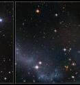 The Antennae Galaxies are among the closest known merging galaxies. The two galaxies, also known as NGC 4038 and NGC 4039, started to interact a few hundred million years ago, creating one of the most impressive sights in the night sky. They are considered by scientists as the archetypal merging galaxy system and are used as a standard with which to validate theories about galaxy evolution.

The ground-based image (left) is taken by Robert Gendler and shows the two merging galaxies and their impressive long tidal tails.

The Hubble Advanced Camera for Surveys image (right) shows a portion of the southern tidal tail. The main visible component consists of young blue stars recently formed out of the gas accumulating along the spine of the tail, and many red background galaxies can also be seen. The region is also filled by thousands of faint red stars, just visible when zooming on the image.

By measuring the colors and brightnesses of red giant stars in the system, the scientists found that the Antennae Galaxies are much closer than previously thought: 45 million light-years instead of the previous best estimate of 65 million light-years. These red stars cannot be brighter than a certain threshold, and it is this luminosity threshold that was used to derive the new distance of the Antennae.