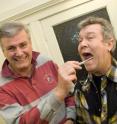 From left: Professor Alastair MacLennan from the University of Adelaide and Australian singer Jimmy Barnes demonstrate how to do a cheek swab. From left: Professor Alastair MacLennan from the University of Adelaide and Australian singer Jimmy Barnes demonstrate how to do a cheek swab.