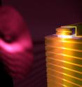 A cartoon showing a quantum cascade laser patterned with a plasmonic collimator which greatly reduces the divergence in the vertical direction. A cartoon showing a quantum cascade laser patterned with a plasmonic collimator which greatly reduces the divergence in the vertical direction.