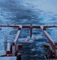 Despite difficult ice conditions seismic profiles can be shot. The red fenders hold the airgun in 15 m depth. Despite difficult ice conditions seismic profiles can be shot. The red fenders hold the airgun in 15 m depth.