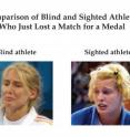 Photos show comparison of facial expressions by blind and sighted athletes who just lost a match for a medal.