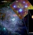 Left: Zooming into the center of the Orion star-forming region with the four bright Trapezium stars (Theta1 Orionis A-D). The dominant star is Theta1 Orionis C, which was imaged with unprecedented resolution with the VLT interferometer (lower right). Right: The orbit of the binary system (grey line) was derived using position measurements obtained over the past 12 years (yellow points). The size of the orbit of Jupiter around our sun is shown for comparison. Left: Zooming into the center of the Orion star-forming region with the four bright Trapezium stars (Theta1 Orionis A-D). The dominant star is Theta1 Orionis C, which was imaged with unprecedented resolution with the VLT interferometer (lower right). Right: The orbit of the binary system (grey line) was derived using position measurements obtained over the past 12 years (yellow points). The size of the orbit of Jupiter around our sun is shown for comparison.