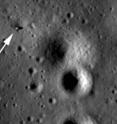 The Apollo 14 lunar module (LM Antares) and the Apollo Lunar Surface Experiment Package are visible in this image (note the astronaut tracks between the two artifacts). At the current altitude and lighting the descent stage is clearly visible with its angular shadow (right) and shadow cast by leg (near arrow tip). The LROC NAC image data has not been calibrated, the faint vertical stripes are a natural part of the image and will be removed later after the full suite of calibration data is collected during the commissioning phase.