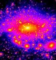 This image from a supercomputer simulation shows the density of dark matter in our Milky Way galaxy which is known to contain an ancient thin disk of stars. Brightness (blue-to-violet-to-red-to-yellow) corresponds to increasing concentration of dark matter. The bright central region corresponds roughly to the Milky Way's luminous matter of gas and stars and the bright clumps indicate dark-matter satellites orbiting our Milky Way galaxy which are known as "substructure." The simulation predicts that the dark-matter halos of spiral galaxies are lumpy, filled with hundreds of dark matter substructures that pass through the stellar disks of galaxies, leaving their imprint and disturbing them in the process.