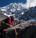 University of New Hampshire master's student Jean Taggart '09, coauthor of a new study published in this week's <i>Science</i>, takes samples from a glacial moraine in southern Peru.