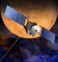This is an artist's impression of Mars Express. The spacecraft left Earth for Mars on 2 June 2003. It reached its destination after a six-month journey, and has been investigating the planet since early 2004.