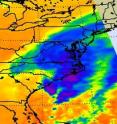 NASA AIRS (Atmospheric Infrared Sounder) imagery on Nov. 11 at 1:30 p.m. ET shows the cold clouds raining over eastern Virginia, North Carolina, Maryland and Delaware. Cloud tops were as cold as -27F (in blue), not as cold and high as seen in powerful hurricanes, but still with the ability to create moderate rainfall.
AIRS is an instrument that flies aboard NASA's Aqua satellite. NASA AIRS (Atmospheric Infrared Sounder) imagery on Nov. 11 at 1:30 p.m. ET shows the cold clouds raining over eastern Virginia, North Carolina, Maryland and Delaware. Cloud tops were as cold as -27F (in blue), not as cold and high as seen in powerful hurricanes, but still with the ability to create moderate rainfall.
AIRS is an instrument that flies aboard NASA's Aqua satellite.