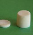 The biodegradable scaffold was first built as a cylinder (right) and then cut into dime-sized slices. The biodegradable scaffold was first built as a cylinder (right) and then cut into dime-sized slices.