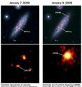 Annotated images show observations taken on Jan. 7 and Jan. 9, 2008.

For Jan. 7, 2008: Scientists had planned on studying Supernova 2007uy 
in the galaxy NGC2770, which was already several weeks old when seen 
in this visual ultraviolet image taken on Jan. 7, 2008, by NASA's 
Swift satellite. A close-up, X-ray image of that supernova is below 
it.

For Jan. 9, 2008: Seemingly out of nowhere, Supernova 2008D burst 
onto the scene on Jan. 9, 2008, as seen in ultraviolet images and 
X-ray images taken by NASA's Swift satellite, giving scientists the 
unique opportunity to witness the birth of a supernova.
