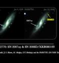 Infrared images from the PAIRITEL telescope showing the galaxy NGC 2770 before and after the supernova explosion SN2008D on Jan. 9, 2008. An earlier supernova, SN2007uy, was being observed at the time of the stellar explosion.