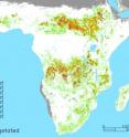 This map shows the occurrence of fire activity in sub-Saharan Africa, determined by detection of the fire scar, for a seven year period 2000-2007. The frequency of fire occurrence is shown in the map, color-coded from regions that burnt once in the seven year period shown in green to regions that burnt during every year of the project shown in purple.