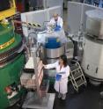 The magnetic structure of the new iron-based superconductors was determined at the thermal triple-axis spectrometer at the National Institute of Standards and Technology Center for Neutron research. Physicists Jeffrey Lynn and Ying Chen prepare the instrument for use.