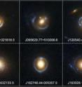 Einstein rings produced by a galaxy behind the lensing galaxy. The
sources are actually extended and that is why one sometimes sees arcs
rather than complete rings.