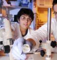 Georgia Tech research technician Kellie Burns (left) and graduate student Tim Petrie display a piece of titanium coated with a bio-inspired polymer that enhances bone formation around the metal after implantation.