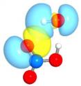Scientists at Purdue and Pennsylvania universities have discovered an atmospheric molecule that is essential to the breakdown of pollutants in the atmosphere. The molecule, which had not been seen before, is unusual because it has two hydrogen bonds. This image shows the structure of the molecule, with the blue ball being a nitrogen atom, red representing hydrogen atoms, white representing oxygen atoms, and the yellow clouds showing the location of the double hydrogen bonds.
