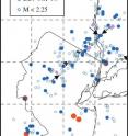 Quakes located by instruments 1974-2007. Arrows indicate the Peekskill-Stamford seismic line and Ramapo seismic zone (RSZ), which intersect near Indian Point. Purple numerals indicate distance in kilometers.