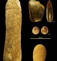 (1) Phallic figurine, (2) Small symbolic axe made with serpentine, (3) Shell pendants, (4) Engraved token