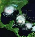 This sequence of Envisat images shows the development and path of Hurricane Gustav on Aug. 25, Aug. 28, Aug. 30 and Sept. 1, 2008 (from right to left). Instruments aboard ESA's Envisat allow it to observe various features of hurricanes, including high atmosphere cloud structure and pressure, wind pattern and currents at sea surface level and oceanic warm features that contribute to the intensification of hurricanes.