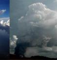 Smoke from agricultural fires suppresses rainfall from a cloud over the Amazon (right). A similar size cloud (left) rains heavily on the same day some distance away in the pristine air.