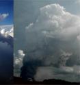 Not every dense cloud brings rain. Rain falls in a normal way in unpolluted air from this cloud over the Amazon (left). In contrast, no rain fell from another cloud on the same day due to the cloud being encumbered with a high number of aerosols caused by fire clearance -- the moisture droplets remained too small (right).