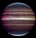 Amazing image of Jupiter taken in infrared light on the night of Aug. 17, 2008, with the Multi-Conjugate Adaptive Optics Demonstrator prototype instrument mounted on ESO's Very Large Telescope. This false colour photo is the combination of a series of images taken over a time span of about 20 minutes, through three different filters (2, 2.14, and 2.16 microns). The image sharpening obtained is about 90 milli-arcseconds across the whole planetary disc, a real record on similar images taken from the ground. This corresponds to seeing details about 300 km wide on the surface of the giant planet. The great red spot is not visible in this image as it was on the other side of the planet during the observations. The observations were done at infrared wavelengths where absorption due to hydrogen and methane is strong. This explains why the colours are different from how we usually see Jupiter in visible-light. This absorption means that light can be reflected back only from high-altitude hazes, and not from deeper clouds. These hazes lie in the very stable upper part of Jupiter's troposphere, where pressures are between 0.15 and 0.3 bar. Mixing is weak within this stable region, so tiny haze particles can survive for days to years, depending on their size and fall speed. Additionally, near the planet's poles, a higher stratospheric haze (light blue regions) is generated by interactions with particles trapped in Jupiter's intense magnetic field.