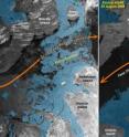 Parry Channel in the Canadian Arctic Archipelago, as seen by Envisat's ASAR on Aug. 25, 2008, when the direct Northwest Passage was open (right image), and on Sept. 22, 2008, when sea ice is closing the direct Northwest Passage.