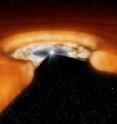 Artist's impression of the environment of a young star, showing the geometry of the dust disc in the outer area and the hot gas disc closer to the central star. Note that the image is not to scale and the inner gas disc, which was studied by the astronomers using ESO's Very Large Telescope Interferometer, is smaller than the distance between the Earth and the Sun, while the whole disc is tens of times larger.