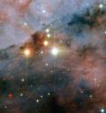 The image shows a pair of colossal stars, WR 25 and Tr16-244, located within the open cluster Trumpler 16. This cluster is embedded within the Carina Nebula, an immense cauldron of gas and dust that lies approximately 7500 light-years from Earth in the constellation of Carina, the Keel. WR 25 is the brightest, situated near the centre of the image. The neighbouring Tr16-244 is the third brightest, just to the upper left of WR 25. The second brightest, to the left of WR 25, is a low mass star located much closer to the Earth than the Carina Nebula.