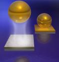 This is an artist's rendition of how the repulsive Casimir-Lifshitz force between suitable materials in a fluid can be used to quantum mechanically levitate a small object of density greater than the liquid. Figures are not drawn to scale.  In the foreground a gold sphere, immersed in Bromobenzene, levitates above a silica plate. Background: when the plate is replaced by one of gold levitation is impossible because the Casimir-Lifshitz force is always attractive between identical materials.