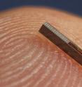 The tiny pressure sensor -- depicted here on a finger -- measures blood pressure directly in the femoral artery. The tiny pressure sensor -- depicted here on a finger -- measures blood pressure directly in the femoral artery.