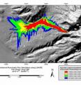 This is a map of the Soufriere Hills Volcano, Montserrat, indicating the potential hazards given differing volumes of material in the pyroclastic flow.