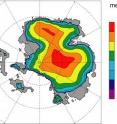 Projection of the what the first Antarctic ice sheet might have looked like as the global climate cooled about 33.5 million years ago. Antarctica is in gray, with the ice sheet shown in meters of ice thickness. The ice sheet is continental in scale, but somewhat smaller than today. The estimate is based on prior modeling work of DeConto and Pollard and is supported by this new data study. Projection of the what the first Antarctic ice sheet might have looked like as the global climate cooled about 33.5 million years ago. Antarctica is in gray, with the ice sheet shown in meters of ice thickness. The ice sheet is continental in scale, but somewhat smaller than today. The estimate is based on prior modeling work of DeConto and Pollard and is supported by this new data study.