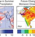 These maps show projected future changes in South Asian summer precipitation and monsoon onset date. A Purdue-led team found that rising future temperatures could lead to less rain and a delay in the start of monsoon season by up to 15 days by the end of the 21st century.