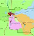 Map depicts the Upper Willamette River Basin, from the origins of the McKenzie and Willamette Rivers to where their confluence north of Eugene-Springfield.