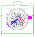This collision event display, created by the CDF collaboration, shows a single top quark candidate event. The red arrow indicates the direction of a neutrino and the purple line the direction of an electron escaping from the decay of the top quark. This collision event display, created by the CDF collaboration, shows a single top quark candidate event. The red arrow indicates the direction of a neutrino and the purple line the direction of an electron escaping from the decay of the top quark.