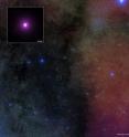 This optical and infrared image from the Digitized Sky Survey shows the crowded field around the micro-quasar GRS 1915+105 (GRS 1915 for short) located near the plane of our Galaxy. The inset shows a close-up of the Chandra image of GRS 1915, one of the brightest X-ray sources in the Milky Way galaxy. This micro-quasar contains a black hole about 14 times the mass of the Sun that is feeding off material from a nearby companion star.  As the material swirls toward the black hole, an accretion disk forms.  Powerful jets have also been observed in radio images of this system, along with remarkably unpredictable and complicated variability ranging from timescales of seconds to months.