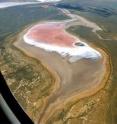 On the aerial photo a present-day salt lake in its natural environment in the south of Russia can be seen for comparison.