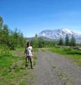 Scripps graduate student Robin Matoza near Mount St. Helens volcano where researchers were studying infrasound emitted from the volcano.