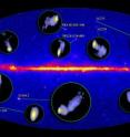 The radio jets of several active galaxies mapped by the Very Long Baseline Array are inset into the Fermi Gamma-ray Space Telescope's map of the gamma-ray sky.