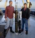 This is Jim Bishop and Todd Wood with a recent version of the Carbon Explorer float, which can descend to a kilometer beneath the surface, measure particulate carbon (and other forms of carbon), and resurface to send data by satellite. Carbon Explorers can also be reprogrammed remotely via satellite link.