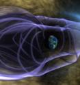 This is an artist's concept of a solar storm breaking through the earth's magnetic field.