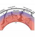 This schematic of Earth’s crust and mantle shows the results of a new study that found that extreme pressures would have concentrated iron’s heavier isotopes near the bottom of the mantle as it crystallized from an ocean of magma to its solid form 4.5 billion years ago. This schematic of Earth’s crust and mantle shows the results of a new study that found that extreme pressures would have concentrated iron’s heavier isotopes near the bottom of the mantle as it crystallized from an ocean of magma to its solid form 4.5 billion years ago.