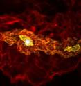 This is a computer-simulated, false-color image of the formation of a binary stellar system some 13 billion years ago. This is a computer-simulated, false-color image of the formation of a binary stellar system some 13 billion years ago.