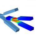 This is a simulation of the forceps for medical endoscopy: the colors of the almost closed forceps represent the given forces (high pressure: red, no pressure: blue).