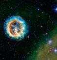 To commemorate the 10th anniversary of Chandra, this new image of the supernova remnant known as E0102 is being released.  First observed with Chandra shortly after its launch in 1999, this new version gives astronomers a much more detailed look at the debris of this exploded star.