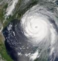 This is a birds eye view of hurricane Katrina approaching the Gulf coast.