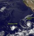 GOES-11 captured all four tropical areas in the Pacific on Aug. 13 at 8 a.m. EDT: from left to right, the remnants of Maka and Felicia, then TD9E and finally,Tropical Storm Guillermo, which looks pretty impressive west of the Mexican coast. GOES-11 captured all four tropical areas in the Pacific on Aug. 13 at 8 a.m. EDT: from left to right, the remnants of Maka and Felicia, then TD9E and finally,Tropical Storm Guillermo, which looks pretty impressive west of the Mexican coast.