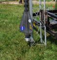 This is a photograph of the ALICE flight-vehicle assembled on the launch rail.  It consists of an all-carbon-fiber, minimum diameter high power rocketry kit.